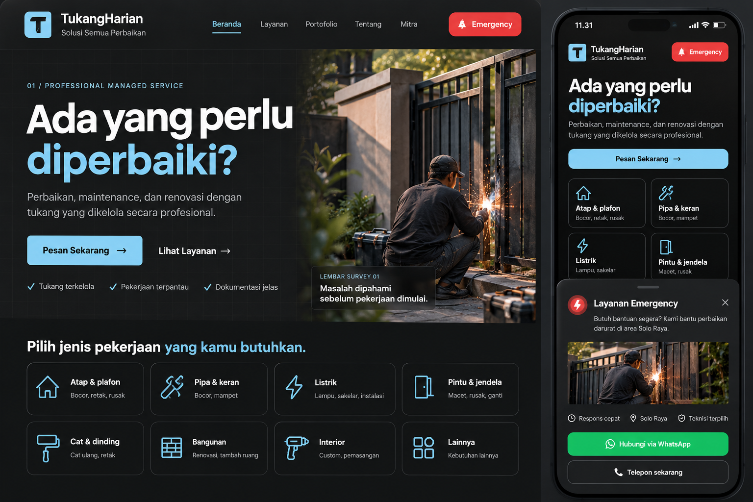 Teknisi memperbaiki gerbang besi dengan mesin las